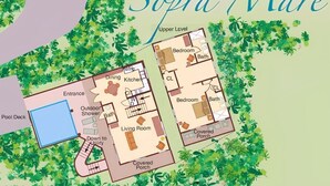A floor plan of a hotel named "Sopra Mare" with an upper level, including a bedroom, bathroom, dining area, kitchen, living room, covered porch, and a pool deck.