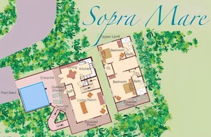 Planta baixa de um hotel chamado 'Sopra Mare', com um andar superior, incluindo quarto, banheiro, sala de jantar, cozinha, sala de estar, varanda coberta e um deck de piscina.