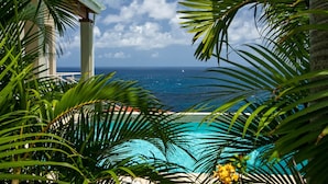A pool with a view of the ocean, surrounded by palm trees and a building with a white roof.