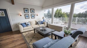 Smart TV, fireplace, books, music library