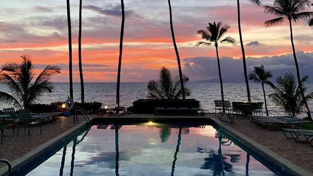 Blick auf einen Pool mit Palmen und einem Sonnenuntergang über dem Meer.