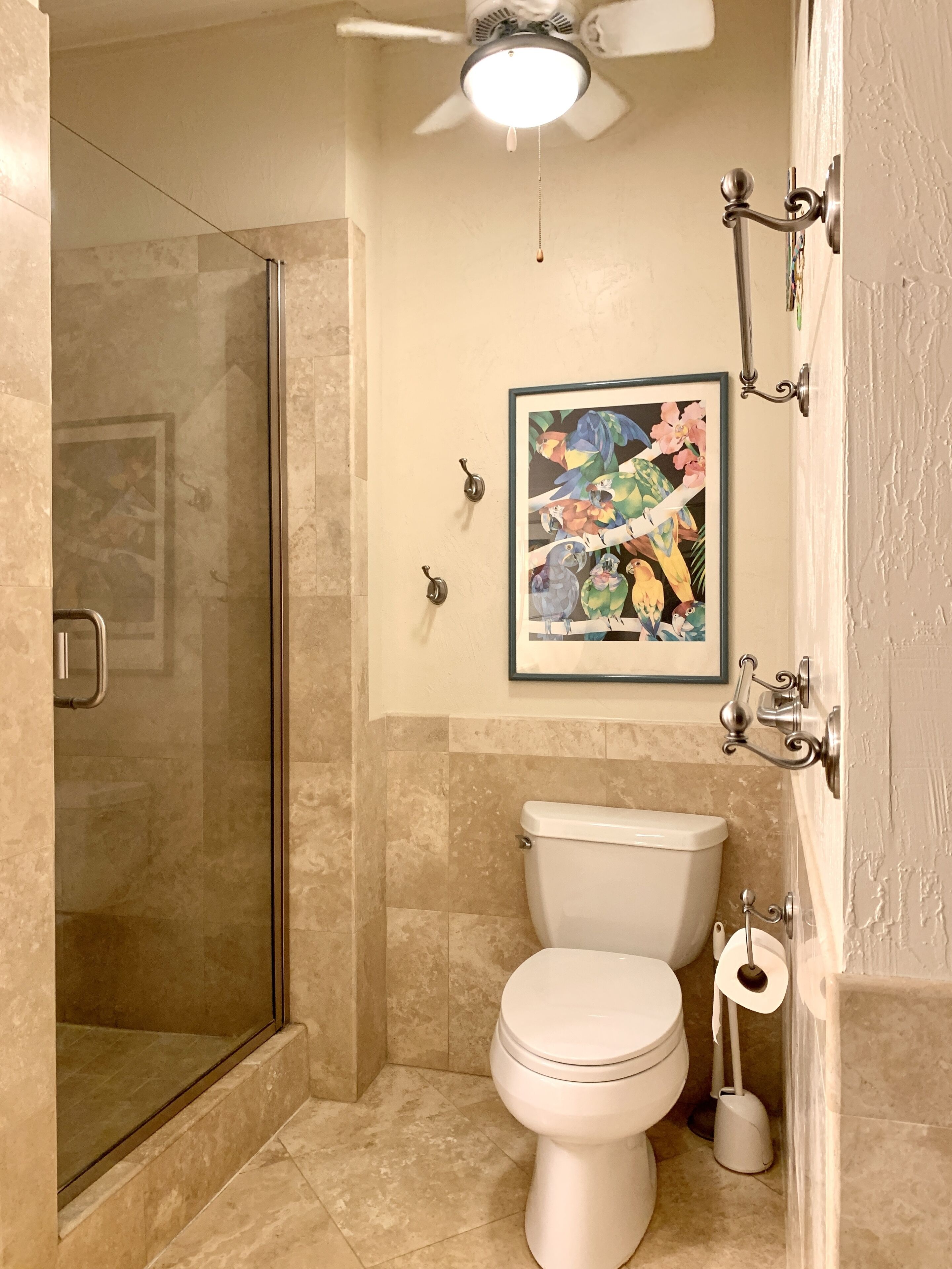 Combined shower/tub, hair dryer, towels, soap