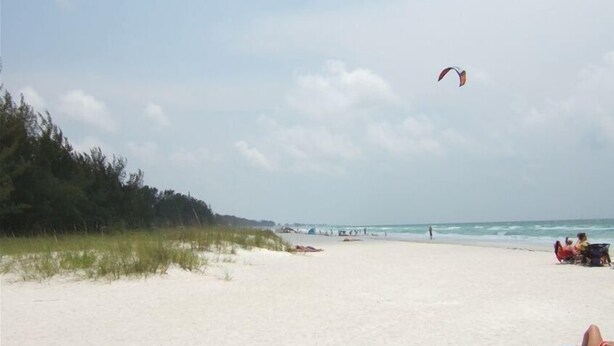 Una playa con cielo despejado, una cometa volando y gente relajándose en la arena.