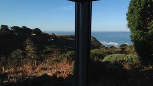 Vista pela janela de uma paisagem costeira com céu claro, destacando uma colina gramada, vegetação densa e o oceano.