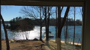 Una vista di un lago con alberi e un molo.