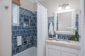 Hair dryer, towels, soap, shampoo