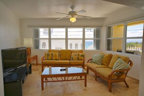 A living room with a TV, two sofas, a coffee table, and a ceiling fan.