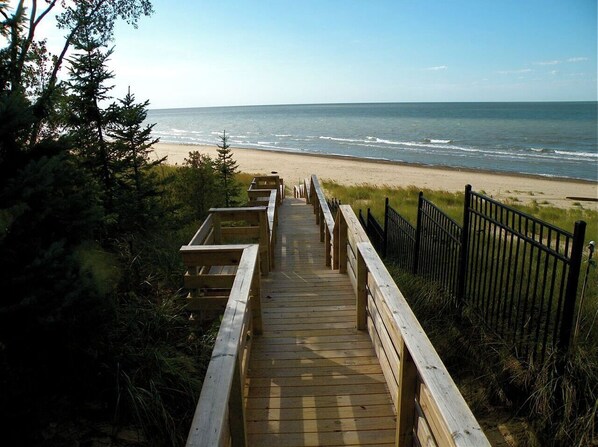 Walk along the beachside boardwalk, flanked by lush greenery and the ocean in the distance.