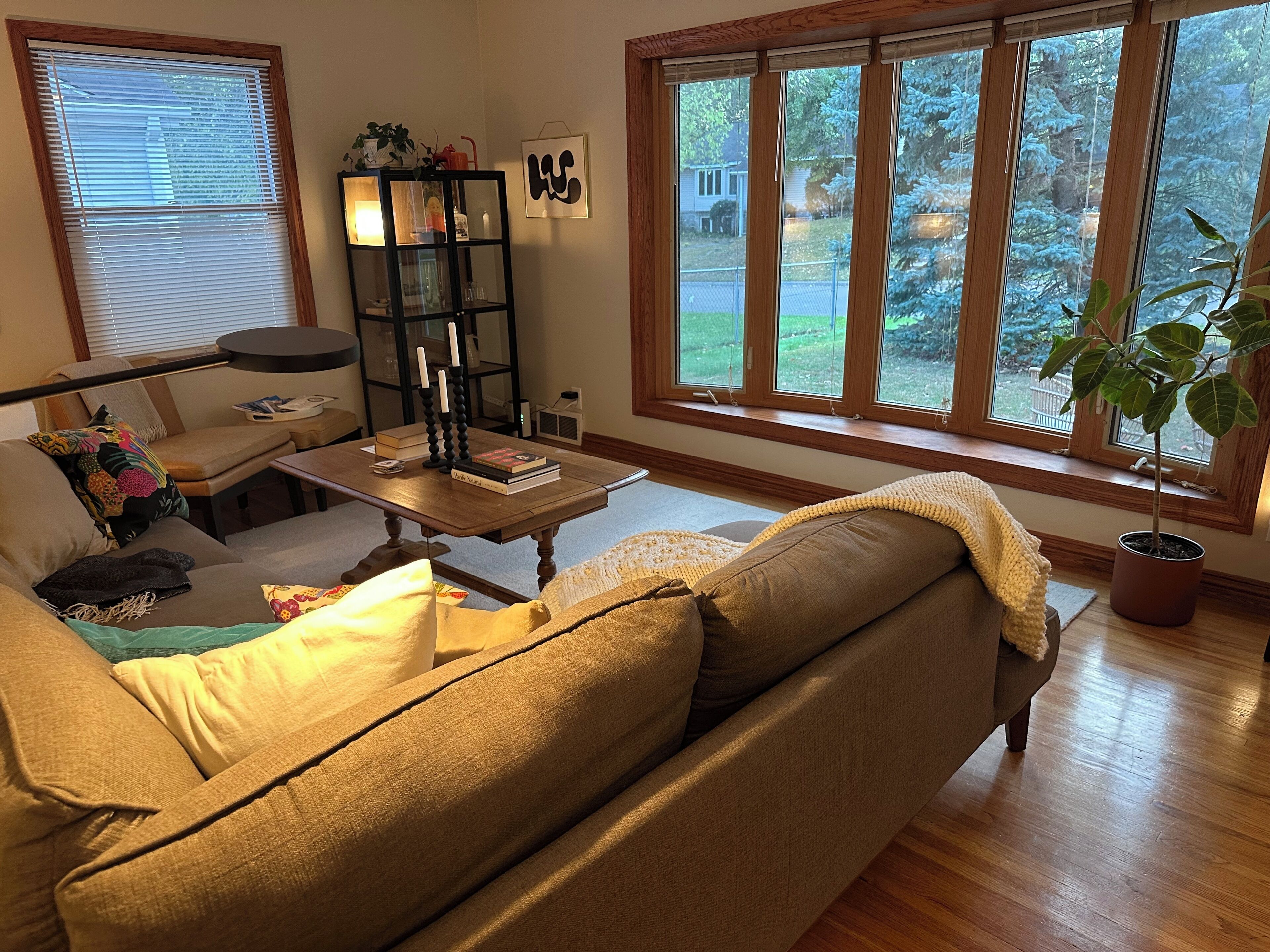 Een smart-tv, een open haard en boeken