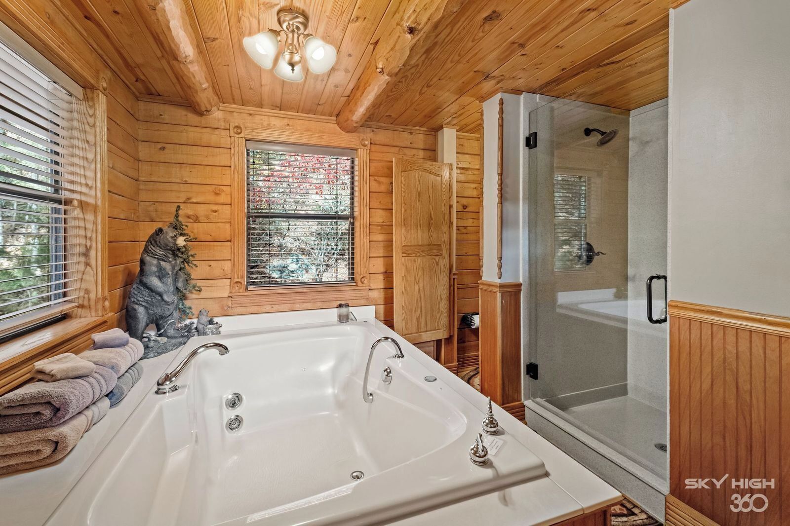 Shower, jetted tub, hair dryer, towels