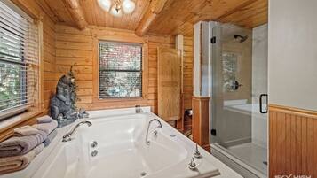 Shower, jetted tub, hair dryer, towels