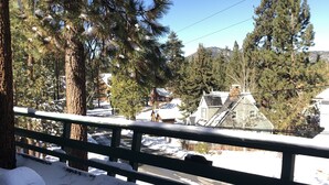 Zona exterior nevada con valla de madera, bancos y árboles cubiertos de nieve.
