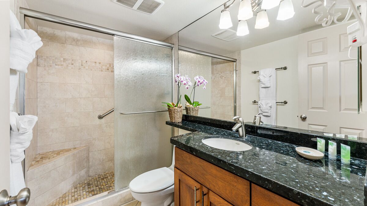 A modern bathroom with a glass shower enclosure, a white toilet, a black granite sink, and a wooden vanity.