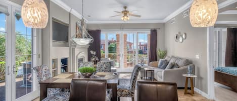 Smart TV, fireplace, DVD player, books