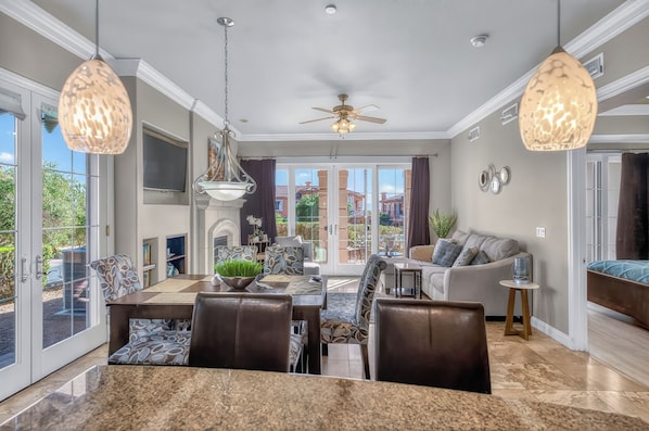 Smart TV, fireplace, DVD player, books