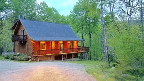 A log cabin with a porch and a chimney, surrounded by trees.