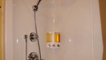 A shower with a handheld showerhead, a fixed showerhead, and a control panel with three buttons.
