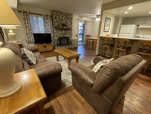 Smart TV, fireplace, video games, DVD player