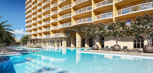 A hotel with a large pool, multiple balconies, and palm trees.