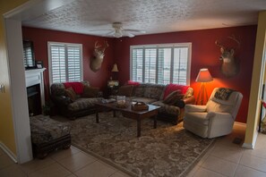 Télévision, cheminée, lecteur de DVD, baby-foot