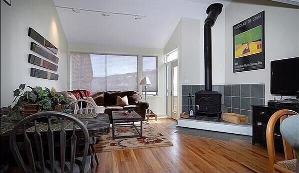 Flat-screen TV, fireplace, books, streaming services