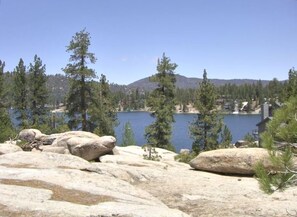 Una costa rocosa con un lago y árboles al fondo.