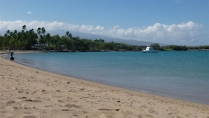 A beach with clear turquoise water, a sandy shore, and a boat in the distance.