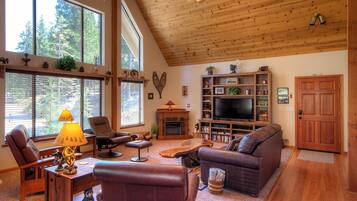 Télévision, cheminée, lecteur de DVD