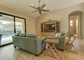TV, DVD player, books, video library