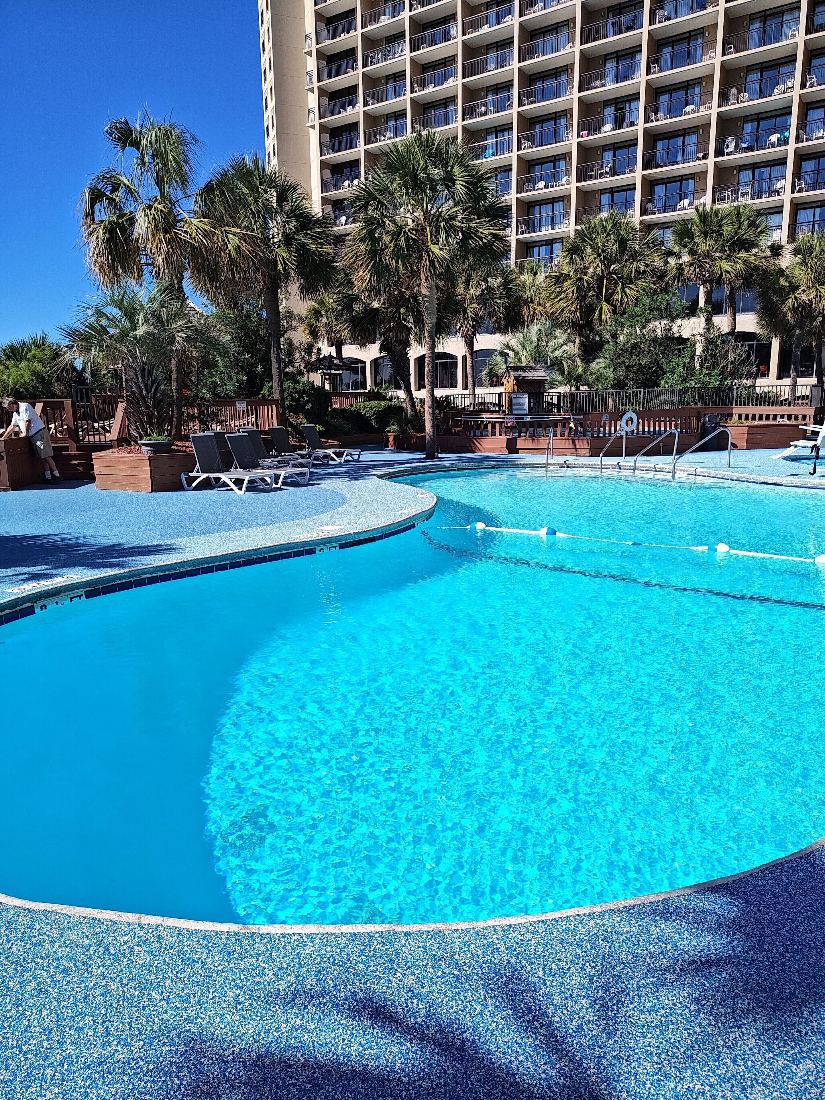A clear blue pool with lounge chairs and palm trees, surrounded by a high-rise building with balconies.
