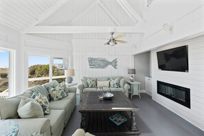 Télévision à écran plat, cheminée, lecteur de DVD, livres