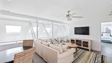 Flat-screen TV, fireplace, DVD player, books