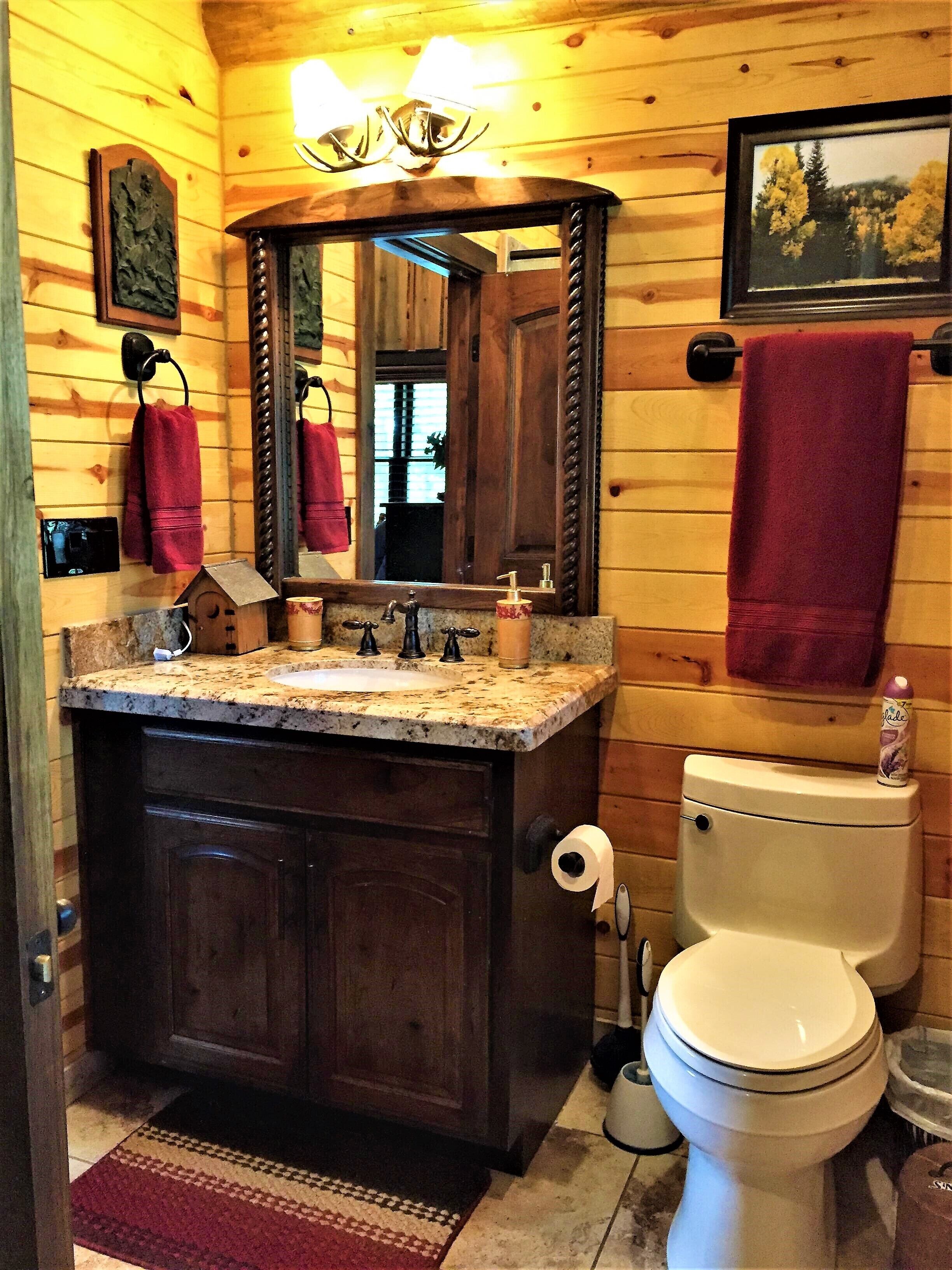 A wooden cabin bathroom with a granite sink, a mirror, a toilet, and a red towel hanging on the wall.