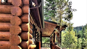 Une cabane en rondins dotée d’un porche en bois et offrant une vue sur la forêt environnante.