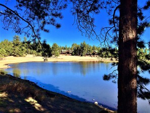 A lakeside view with a cabin and a large tree in the foreground. - Luxurious Cabin within exclusive Hidden Meadow Ranch (Greer)