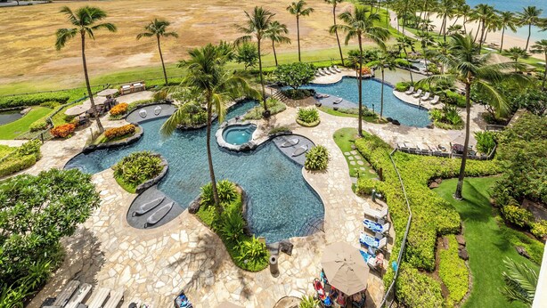 Et resort med flere swimmingpools, palmer og havudsigt.