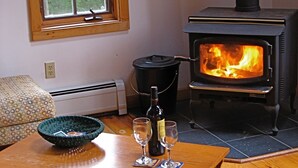 A cozy living room with a wood-burning stove, a window with a view of trees, a patterned cushion, and a table with a bottle and glasses. - Beautiful Vacation Cottage with a View in Newfane, Vermont, near Mt. Snow (Newfane)