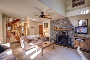 Televisión, chimenea, reproductor de DVD y libros 