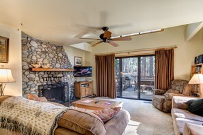 TV, fireplace, DVD player, books