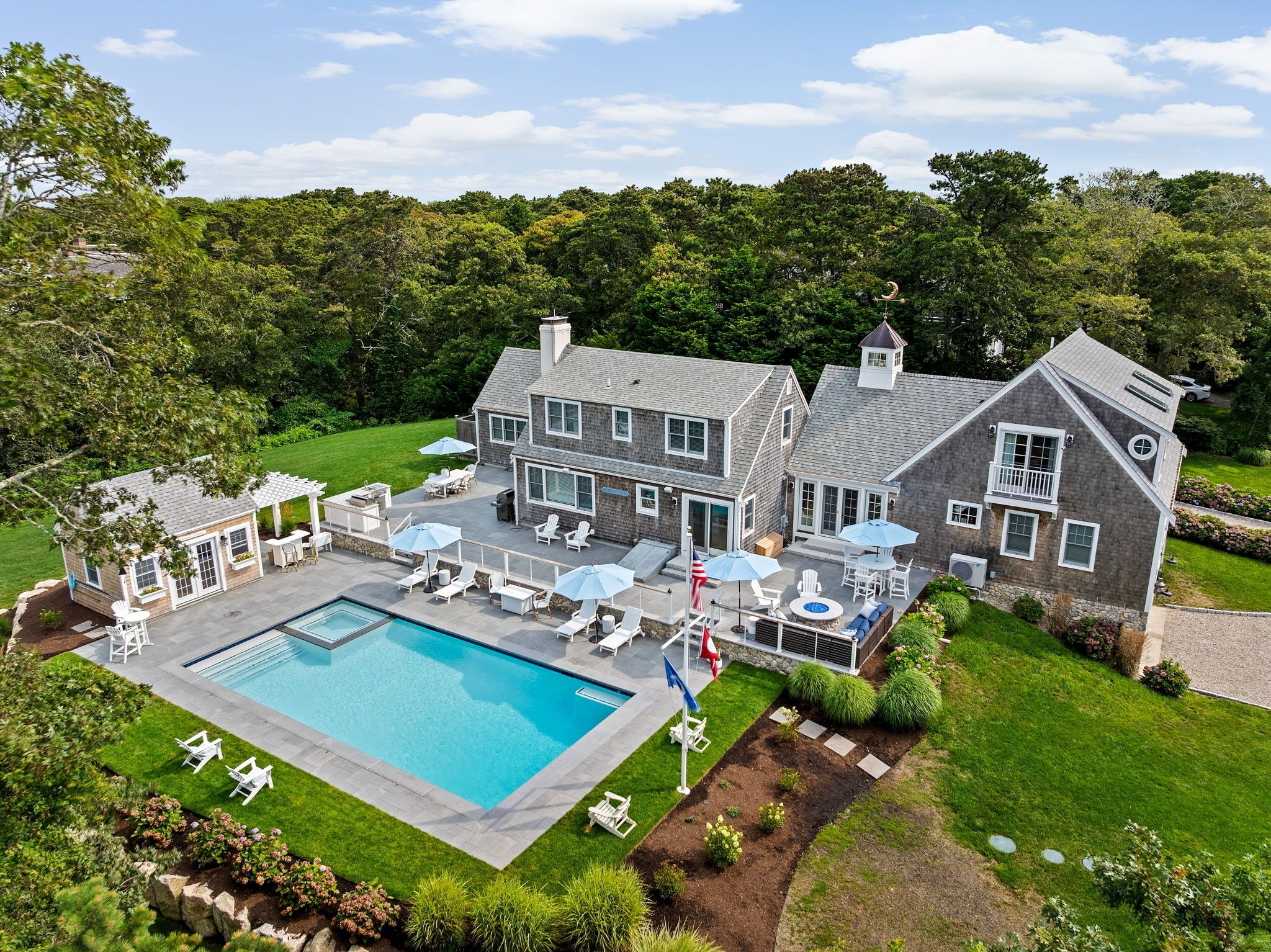 2000+ SF multi level patio, pool, pool house, outdoor kitchen, fire pit & more!