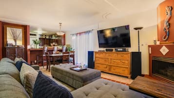 Smart TV, fireplace, video games, DVD player
