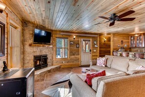 Televisio, takka, DVD-soitin, kirjoja