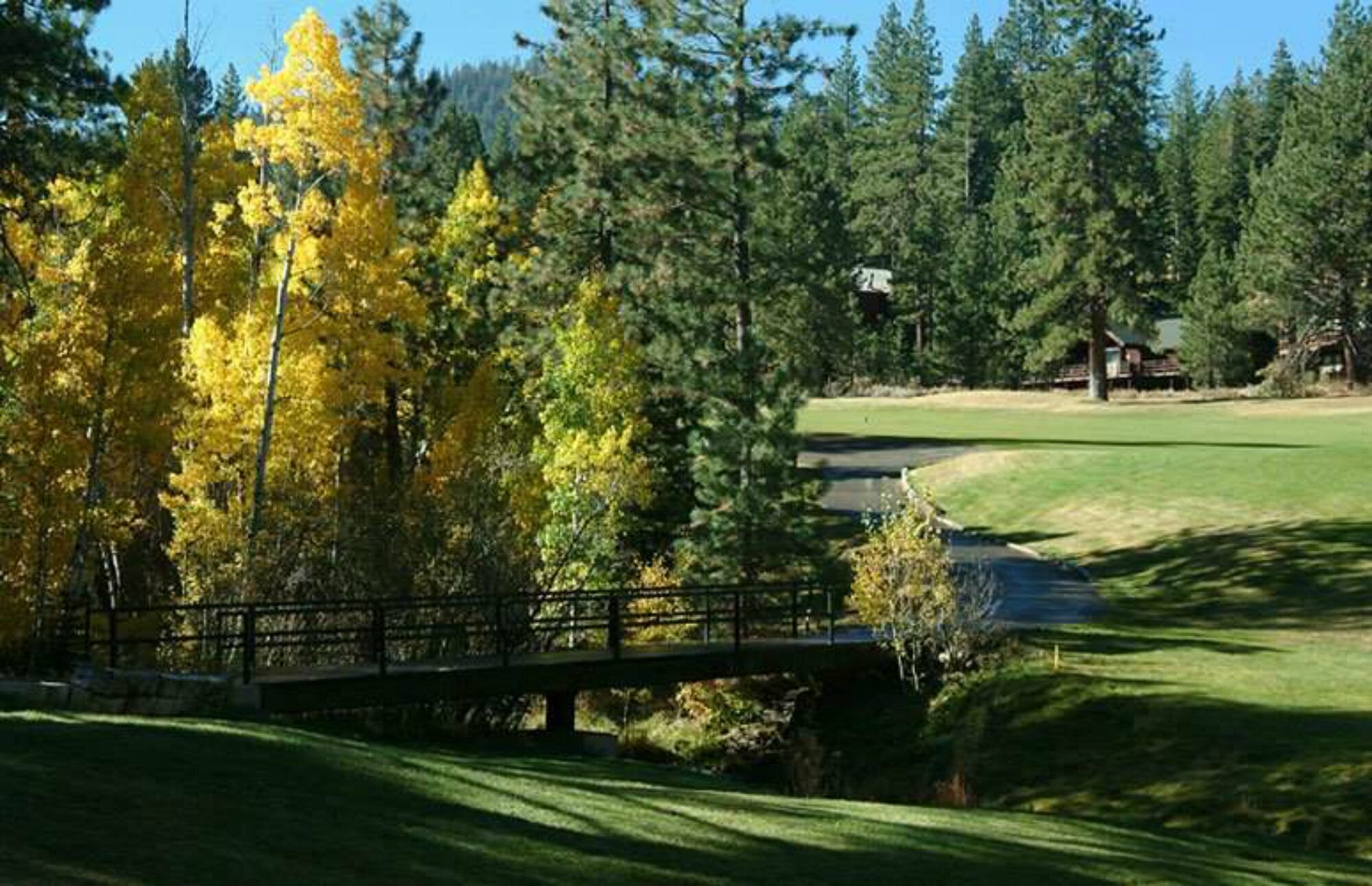 Un parcours de golf avec un pont, des arbres et un bâtiment en arrière-plan.