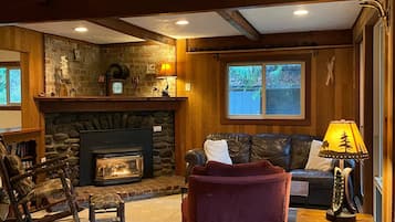 Smart TV, caminetto, libri, biblioteca musicale