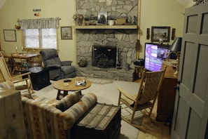 Smart TV, fireplace, DVD player, video library