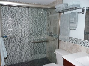 Combined shower/bathtub, jetted bath, hair dryer, towels