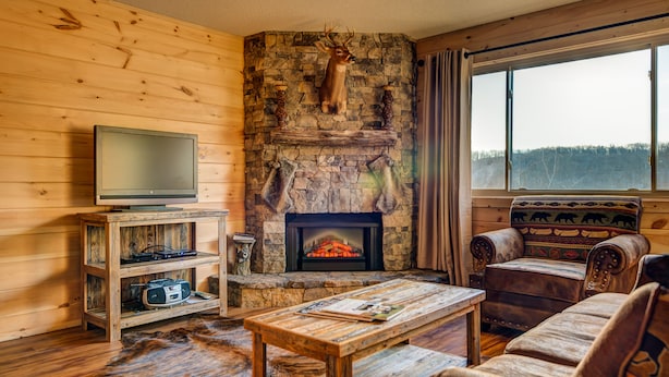 Een knus interieur van een chalet met een stenen openhaard, houten wanden, een televisie op een plank, een leren bank en een groot raam.