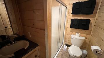 Shower, jetted tub, hair dryer, towels
