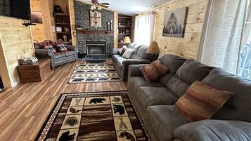 Smart TV, fireplace, books, stereo