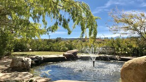 A natural outdoor setting with a water feature, rocks, and trees.
